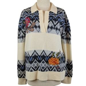 Johnny Was FairIsle Polo Sweater Wool Cashmere Floral Embroidery Ecru L NWT